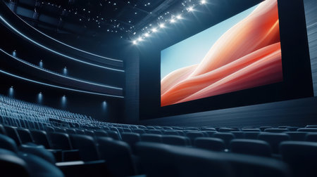 Modern auditorium with colorful LED lighting and projection screen.の素材