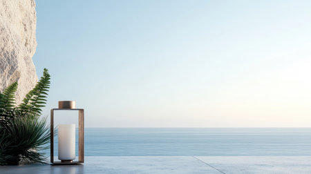 Sleek, modern bronze lantern on concrete balcony overlooking vast ocean.の素材