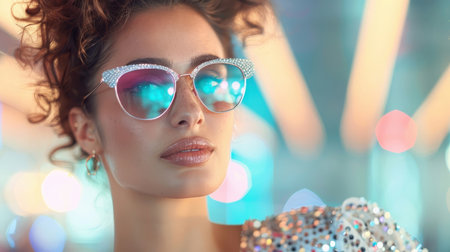 A vintage-inspired image of a Latina woman in cat-eye sunglasses and a sequined dress at a classic nightclub.の素材
