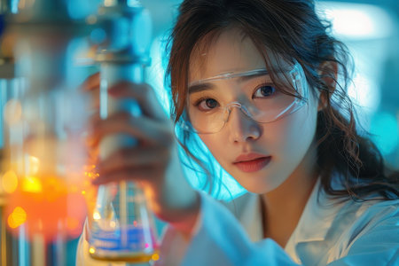 A photorealistic portrait of a young Asian woman scientist in a lab coat, conducting an experiment.の素材