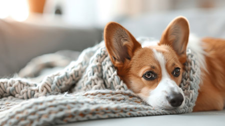 A Welsh Corgi rests its head on its owner's lap, enjoying affection.の素材