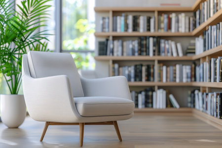 Blurred modern office library with bookshelves and reading chairs.の素材