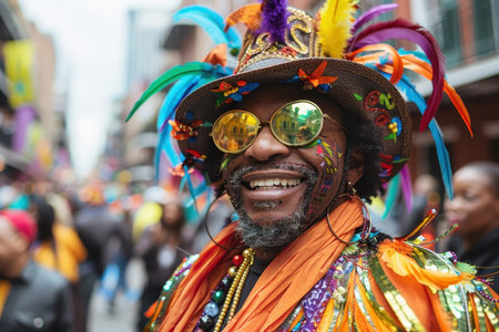 Celebrates the vibrant cultural traditions of New Orleans, known for its music, food, and festive spirit.の素材