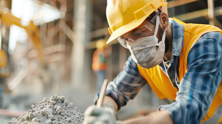 Laborer with protective mask, engaging in construction activities.の素材