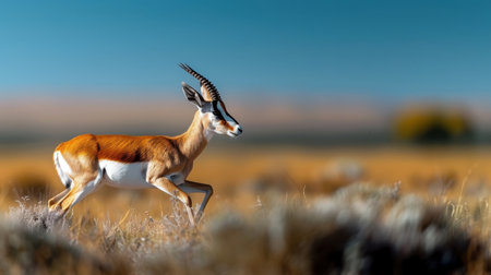 A springbok leaping through the air with its white belly and black stripe visible.の素材