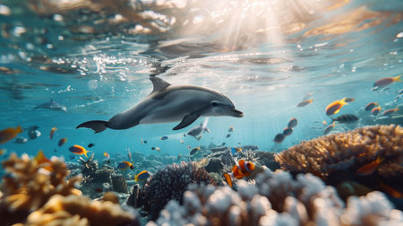 Underwater scene of dolphins with colorful fish and coral, streamlined bodies, beams of sunlight, graceful movement, vibrant and serene.の素材