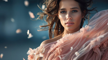A woman in a shimmering pink gown strides down a runway.の素材