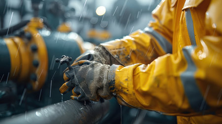 A close-up of a worker's hands adjusting a valve on a pipeline.の素材