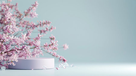Charming 3D podium with lavender flower background, purple platform, and lilac floral field, ideal for summer products and beauty displays.の素材