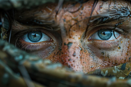 Close-up of a focused special forces operator's face.の素材