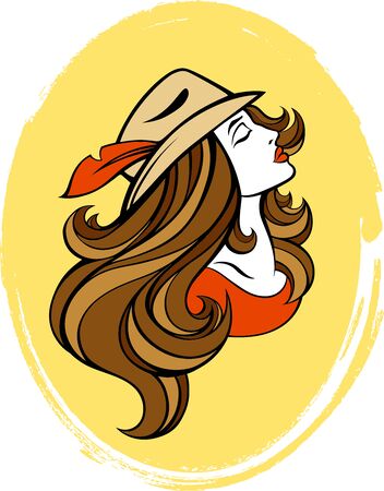 stylized portrait of cartoon fashion girl with long hair in  hat isolated on yellow. Vintage linear illustration.のイラスト素材