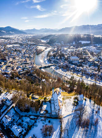 aerial famous old town of bad toelz kalvarienberg winter - bavaria - germanyの写真素材