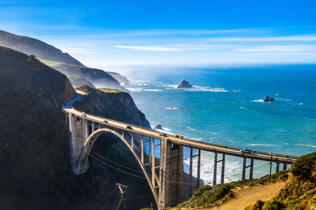 Aerial Bixby Bridge (Rocky Creek Bridge) and Pacific Coast Highway near Big Sur in California, USA...