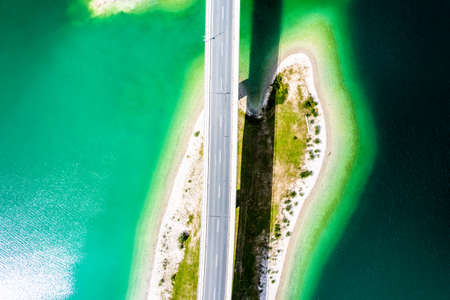 Sylvenstein Lake Bavaria Germany. Bridge for cars over water. Aerial Viewの写真素材