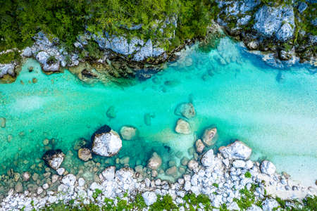 Beautiful Soca River in Slovenia europe. Aerial Shot of the Valley. Mountains, River, Forest.