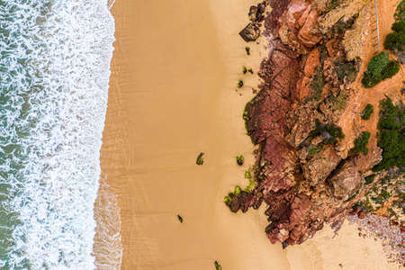 Algarve, Portugal. Waves, Rocks, Beach. Background. Aerial from aboveの写真素材