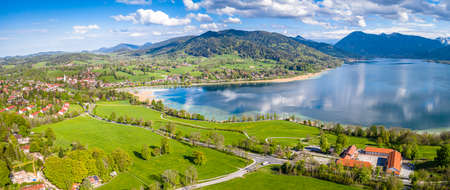 Lake Tegernsee in the Bavarian Alps. Aerial Drone Panorama Shot. Springの写真素材