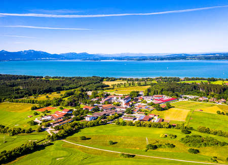 Lake Chiemsee Ising Bavaria. Aerial Panorama. Landscape. Agriculture Fieldsの写真素材