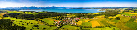 Lake Chiemsee Ising Bavaria. Aerial Panorama. Landscape. Agriculture Fieldsの写真素材