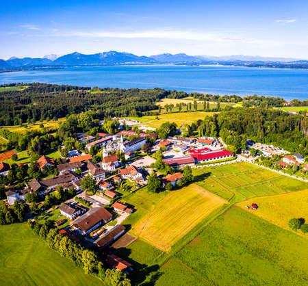 Lake Chiemsee Ising Bavaria. Aerial Panorama. Landscape. Agriculture Fieldsの写真素材