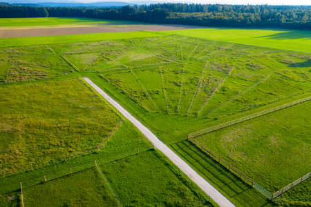 Green pastures of horse farms. Countryside landscape. Drone Aerial Shot. Paddocks, Outdoorの写真素材