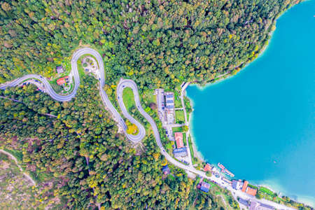 Lake Tegernsee in the Bavarian Alps. Aerial Drone Panorama Shot. Jump. Germany close to Austria. Karwendelの写真素材