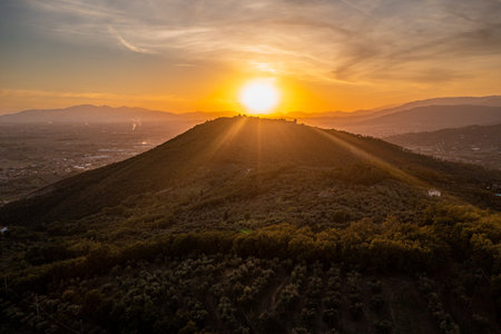 Tuscany hills sunset. Beautiful aerial shot of scenic landscapeの写真素材