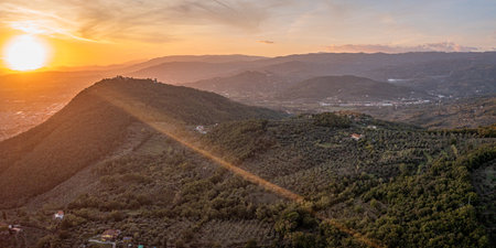 Tuscany hills sunset. Beautiful aerial shot of scenic landscapeの写真素材