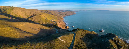 California Raodtrip. Highway 1 Aerial panorama at sunset. Muir Woods, San Franciscoの写真素材