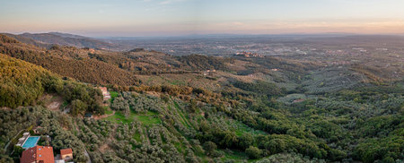 Tuscany hills sunset. Beautiful aerial shot of scenic landscapeの写真素材
