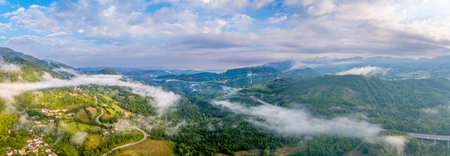 Morning Atmosphere with fog and mist. Aerial Panoramaの写真素材