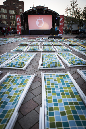Amsterdam, The Netherlands, 12-14 September 2014, during Westival, an open air free Cinema and culture festival on Mercatorplein. preparation before the screeningのeditorial素材