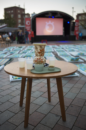 Amsterdam, The Netherlands, 12-14 September 2014, during Westival, an open air free Cinema and culture festival on Mercatorplein. preparation before the screeningのeditorial素材