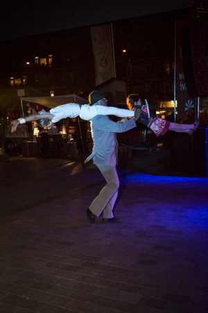 Amsterdam, The Netherlands, 12 September 2014, during Westival, an open air free Cinema and culture festival on Mercatorplein. circus show before the screeningのeditorial素材