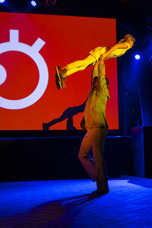 Amsterdam, The Netherlands, 12 September 2014, during Westival, an open air free Cinema and culture festival on Mercatorplein. circus show before the screeningのeditorial素材