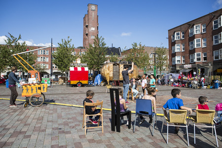 Amsterdam, The Netherlands, 13 September 2014, at West'ival, a free open air Cinema and culture festival on Mercatorplein. slow motion workshop for childrenのeditorial素材