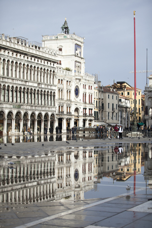 VENICE, ITALY, - JANUARY 2015: View on the San Marco Square covered with water during \"acqua alta\" or high waterのeditorial素材