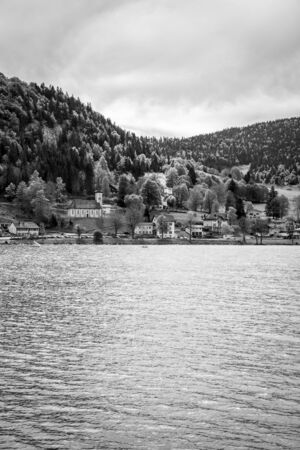 View on Joux lake -lac de Joux and the Jura mountains, Le Pont, Switzerlandの写真素材