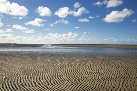 Maritime landscape with blue sky white clouds and pattern in the sand, Waddenzee - Wadden Sea, Friesland, The Netherlandsの写真素材