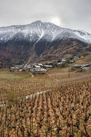 Alpine mountain range landscape near Fully with snowy summits, Switzerlandの写真素材