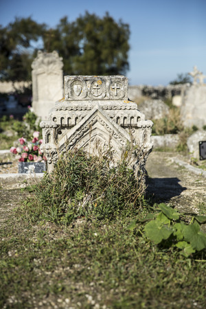 Old maritime cemetery in front of Sainte-Radegonde medieval Church, Talmont sur Gironde, Charente Maritime, Franceの写真素材