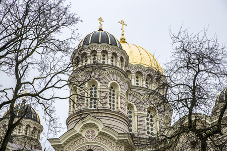 Neo-Byzantine style Nativity of Christ Orthodox Cathedral, Riga, Latviaの写真素材