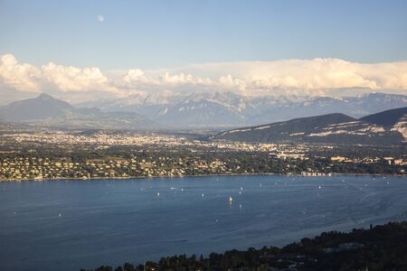 Aerial view over the mountain range of the Alps and Geneva lake, Switzerlandの写真素材