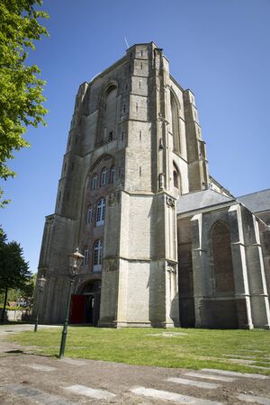 Old church tower, Grote kerk or Onze Lieve Vrouwekerk, Veere, The Netherlandsの写真素材