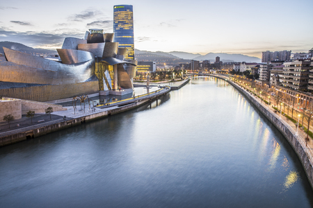 Bilbao, Spain - January 29, 2016: night view of modern and contemporary art Guggenheim Museum, designed by American architect Frank Gehry and inaugurated in October 1997.のeditorial素材