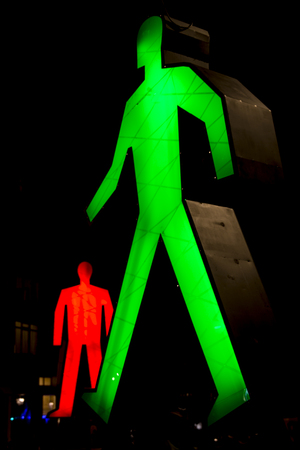 Amsterdam, the Netherlands December 20, 2015 : art piece called Strangers in the light from Victor Engbers & Ina Smits exhibited at Amsterdam Light Festival 2015 which is dedicated to theme 'Friendship' from 28 November 2015 to 17 January 2016の写真素材