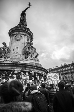 PARIS, FRANCE - January 10, 2016: ceremony to commemorate victims of the bombing and shooting rampage, commemoration of Charlie Hebdo terrorist attack and of Marches Republicaines demonstrationのeditorial素材