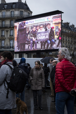 PARIS, FRANCE - January 10, 2016: ceremony to commemorate victims of the bombing and shooting rampage, commemoration of Charlie Hebdo terrorist attack and of Marches Republicaines demonstrationのeditorial素材