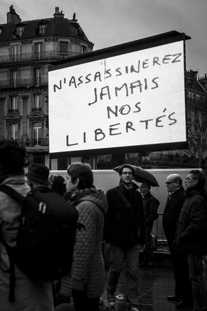 PARIS, FRANCE - January 10, 2016: ceremony to commemorate victims of the bombing and shooting rampage, commemoration of Charlie Hebdo terrorist attack and of Marches Republicaines demonstrationのeditorial素材