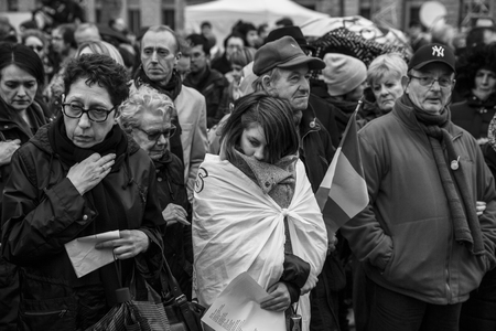 PARIS, FRANCE - January 10, 2016: ceremony to commemorate victims of the bombing and shooting...